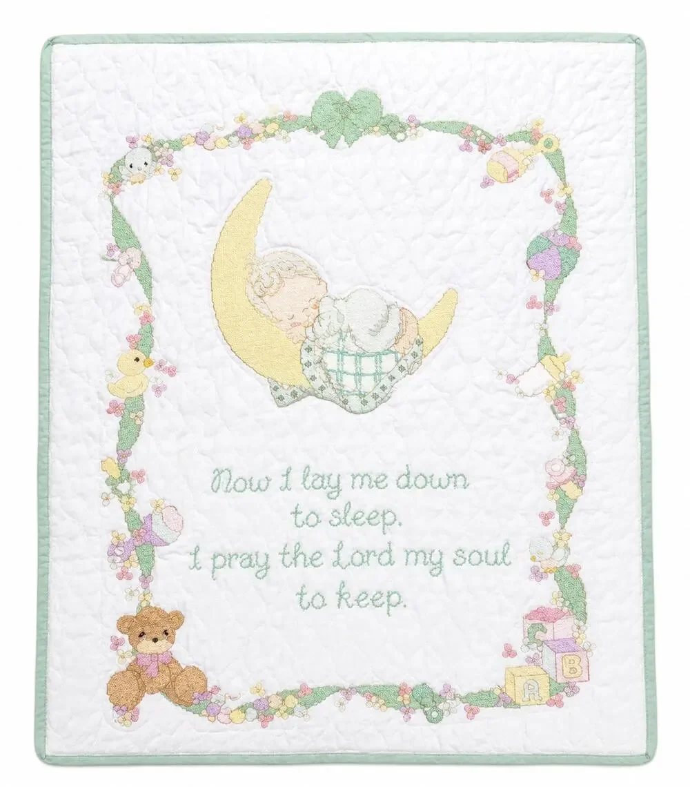 Vintage Precious Moments Cross Stitch Handmade Quilt Now I Lay Me Down 40”X32”